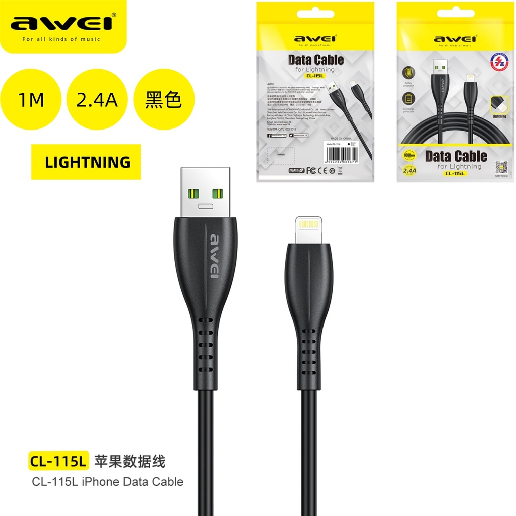 AWEI CL-115L Cavo Lighting Nero 1 m 5V / 2,5A