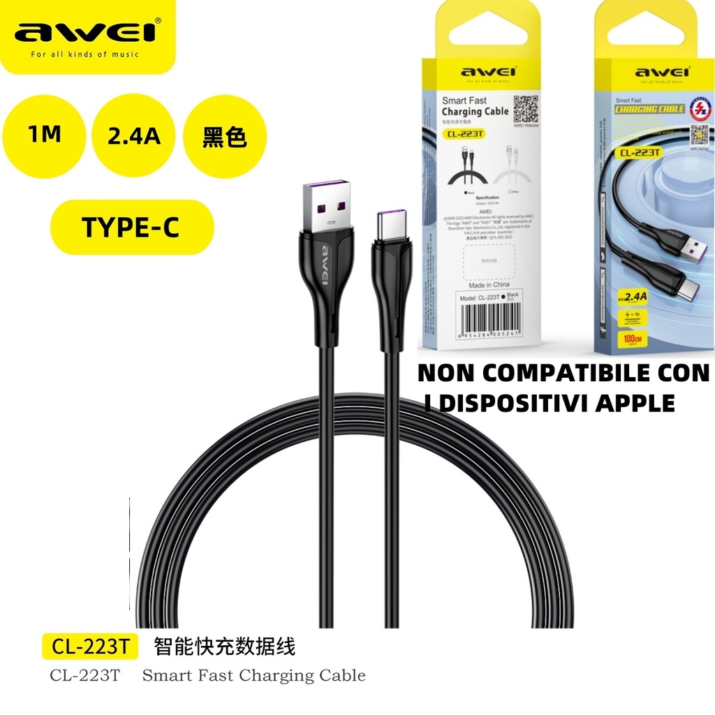[CL-223T] AWEI CL-223T Cavo Alta Flessibile Ricarica Rapida Type-C 1 m