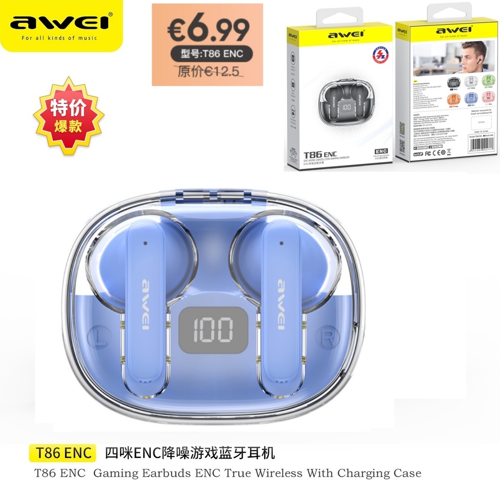 AWEI T86ENCBL ENC Cuffie Wireless Blu