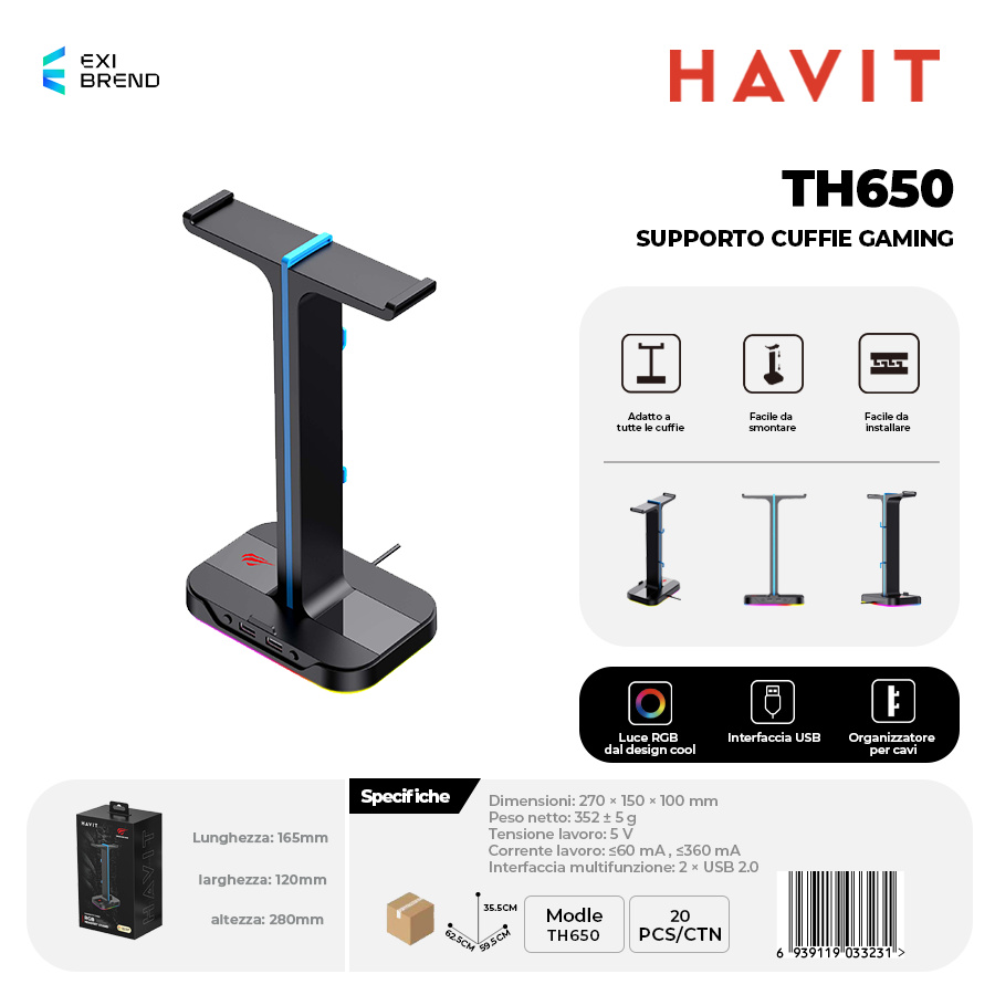 HAVIT TH650 Supporto Cuffie da Gaming con 2 USB e 7 Regolazioni Luci