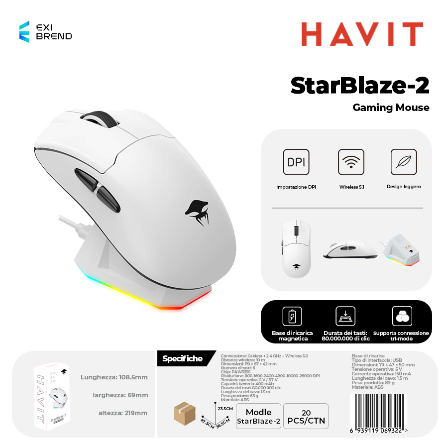 HAVIT StarBlaze-2 4K Wireless 1k Cablato Mouse Gaming DPI Fino 26000 Regolabili 6 Marce e Base