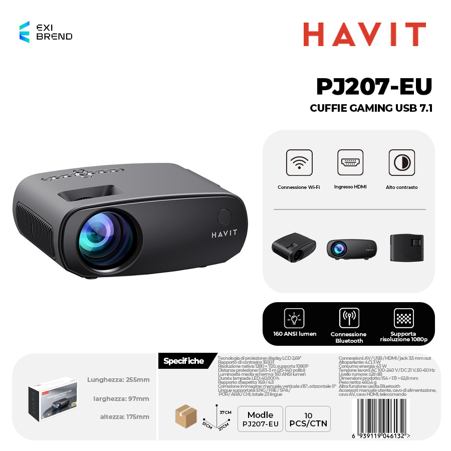 HAVIT PJ207-EU Proiettore Wi-Fi / Bluetooth Connessione 1080p e 110ansi Lumen