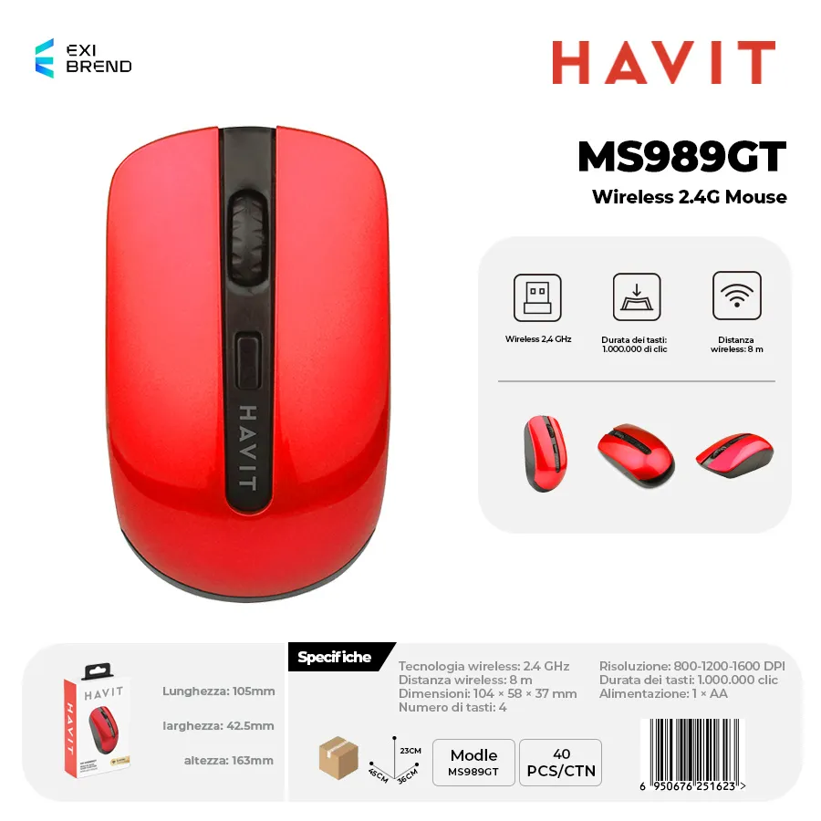 HAVIT MS989GT-RD Wireless 2,4 GHz Mouse DPI800-1200-1600