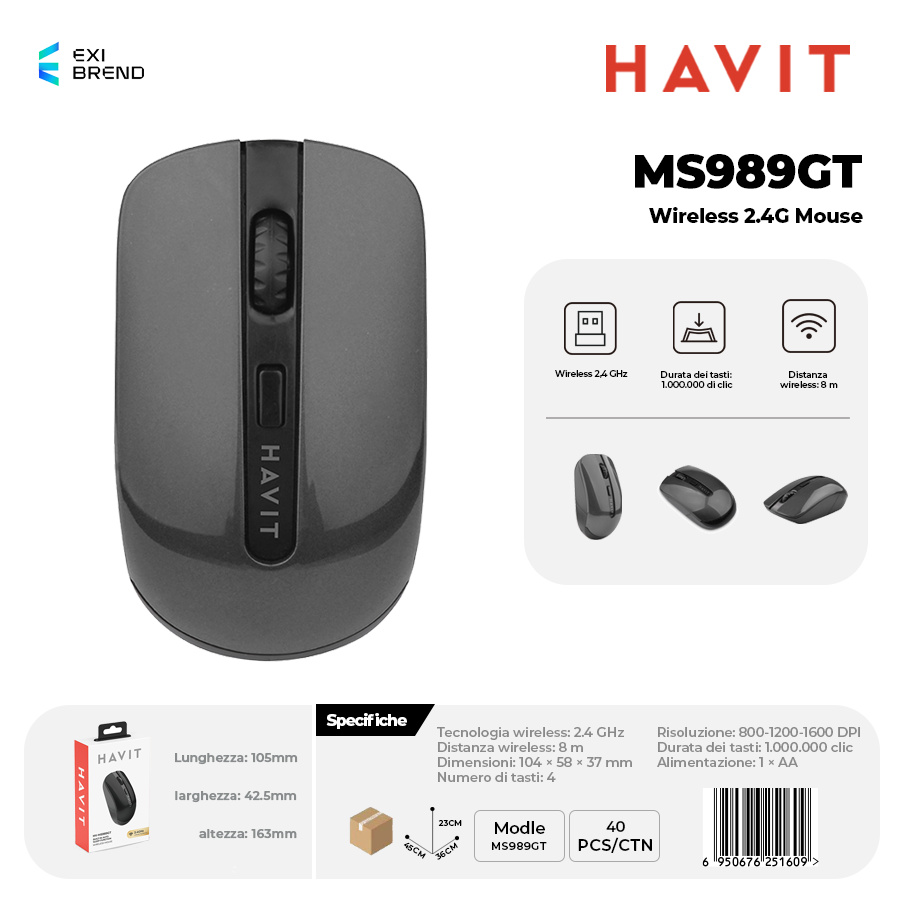 HAVIT MS989GT-BK Wireless 2,4 GHz Mouse DPI800-1200-1600