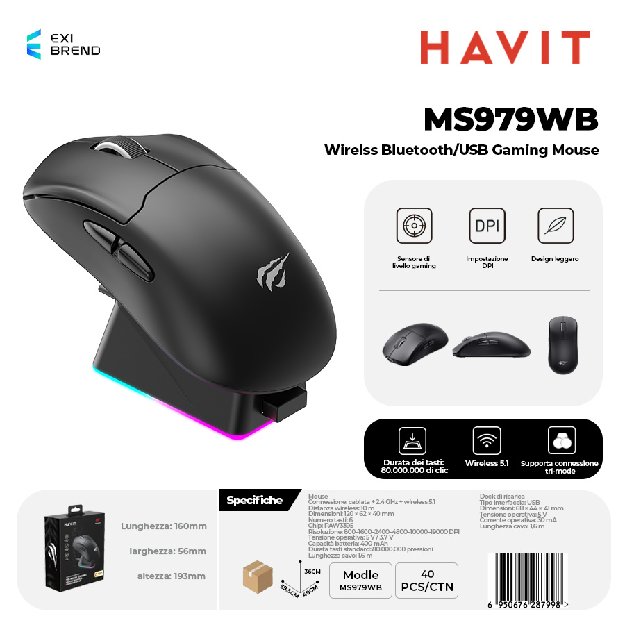 HAVIT MS979WB Wireless Bluetooth 5,2 / Mouse Gaming USB DPI Fino 26000 con Base di Ricarica