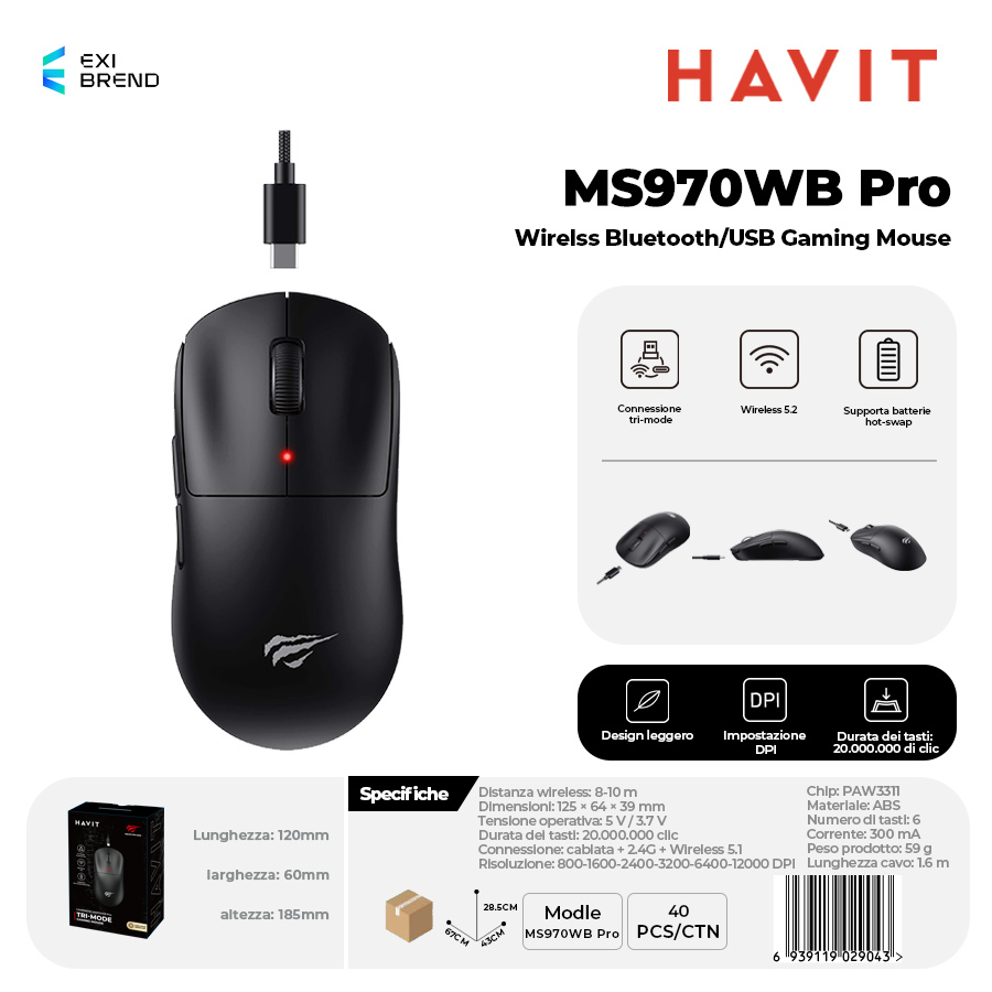 HAVIT MS970WB Pro Wireless Bluetooth 5,2 / Mouse Gaming USB DPI Regolabili Fino 12000 300 mAh