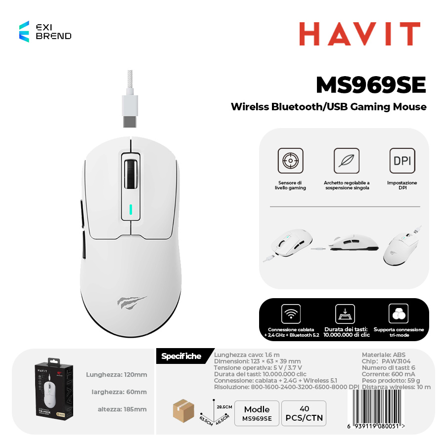 HAVIT MS969SE-WH Wireless Bluetooth 5,1 / Mouse Gaming USB con RGB DPI Regolabili Fino 8000