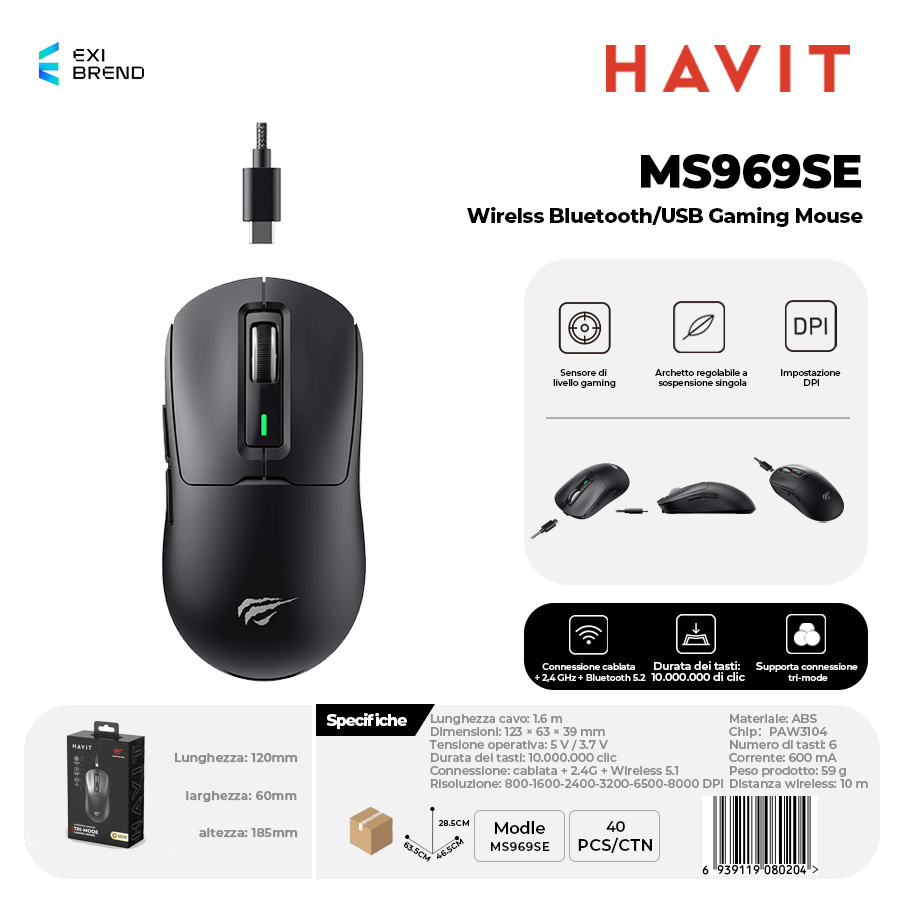 HAVIT MS969SE-BK Wireless Bluetooth 5,1 / Mouse Gaming USB con RGB DPI Regolabili Fino 8000