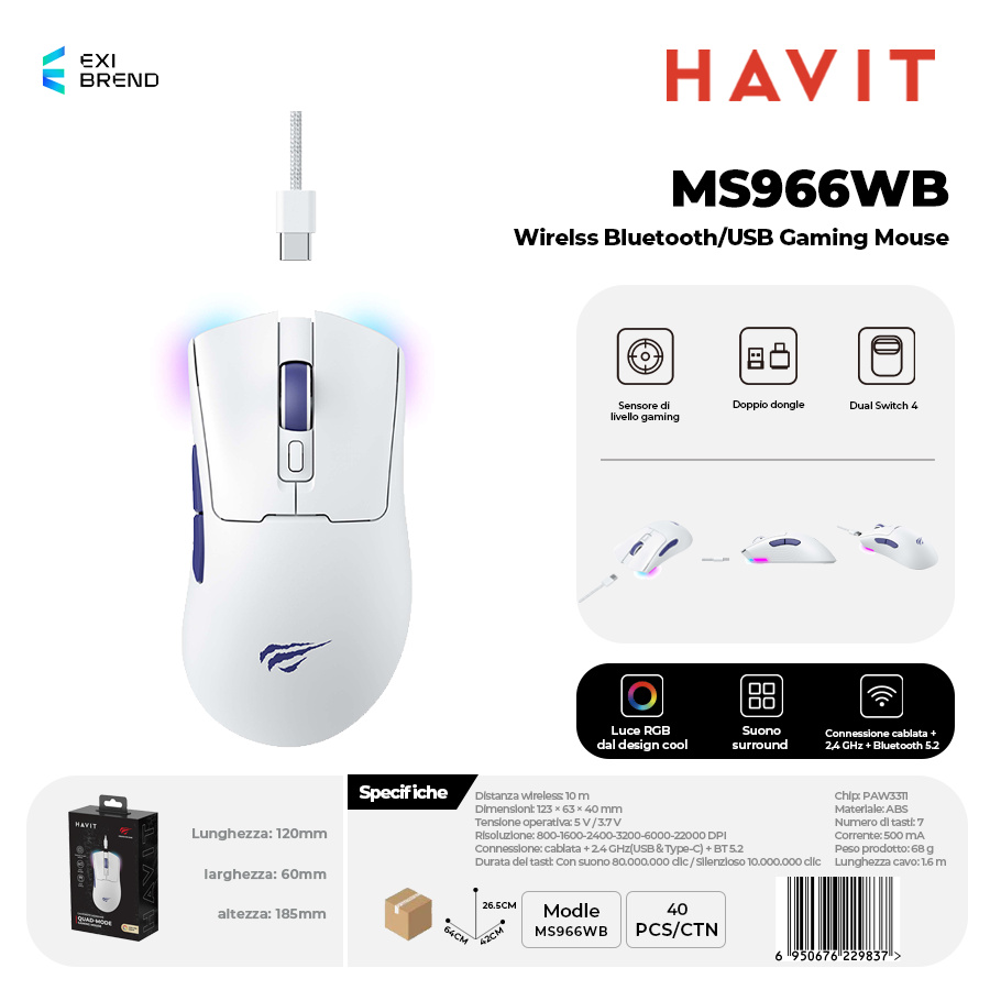 HAVIT MS966WB-WH Wireless Bluetooth 5,2 / Mouse Gaming USB DPI Regolabili Fino 10000