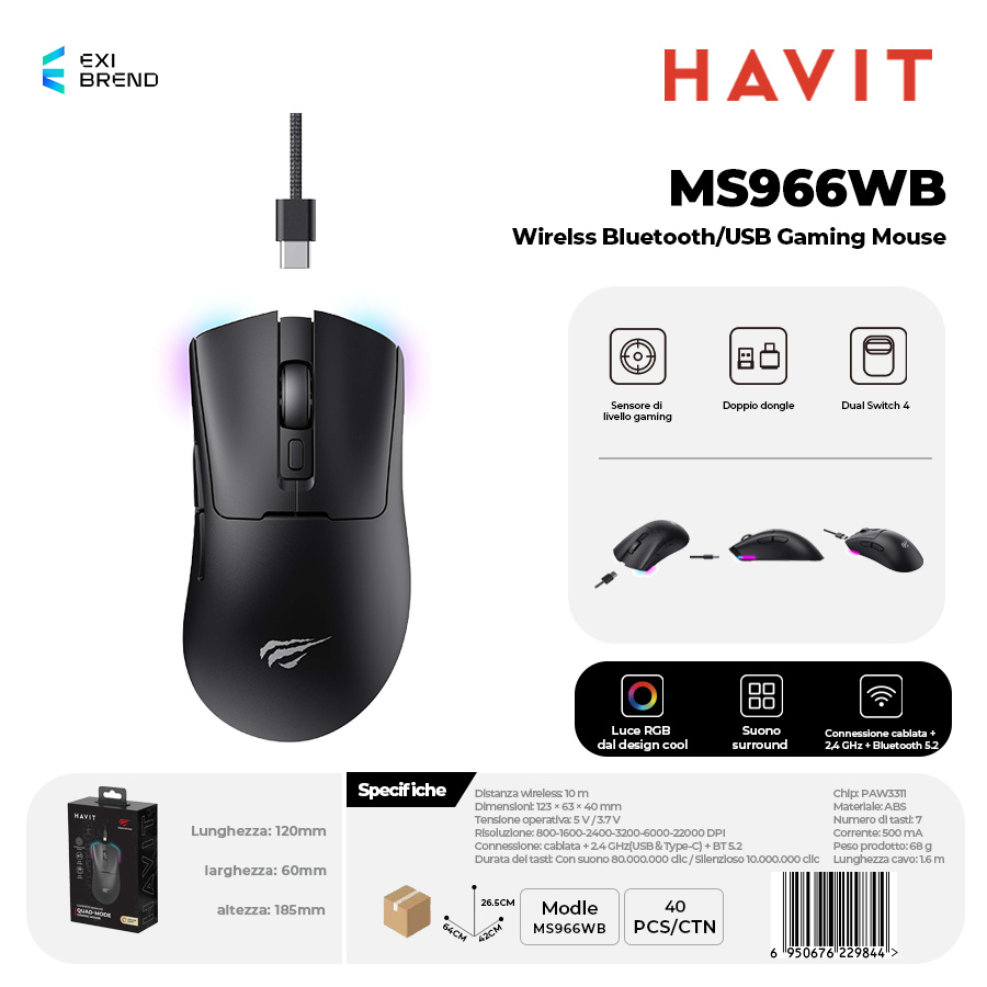HAVIT MS966WB-BK Wireless Bluetooth 5,2 / Mouse Gaming USB DPI Regolabili Fino 10000