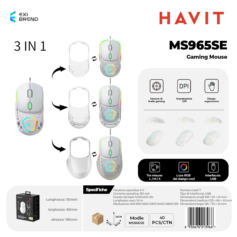 HAVIT MS965SE Mouse Gaming con RGB DPI Fino 12800 7 Tasti Macro Programming