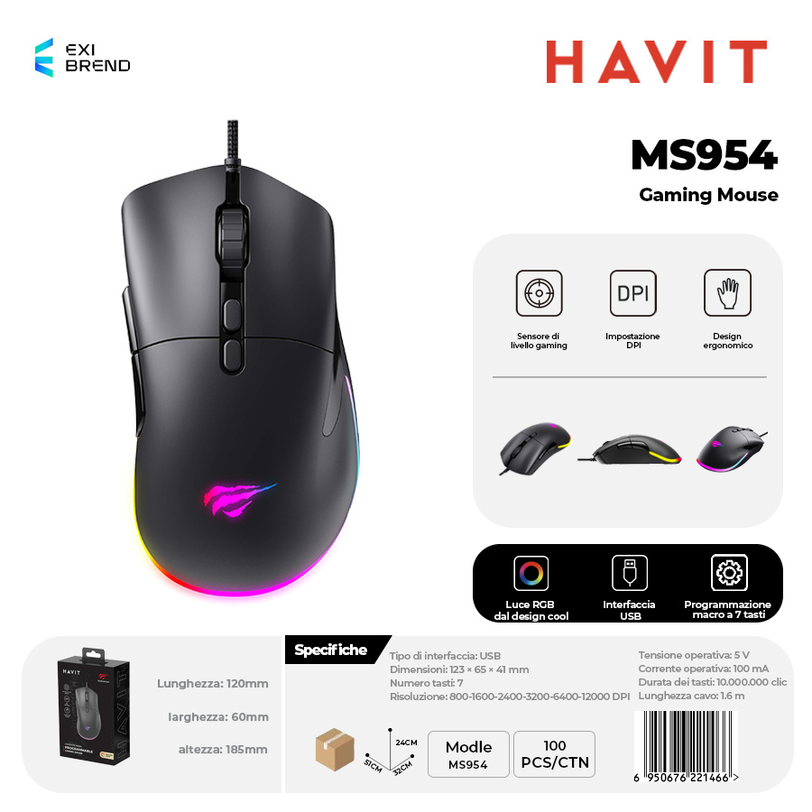 HAVIT MS954 Mouse Gaming con RGB DPI Fino 12400 6 Regolazioni e 7 Tasti Macro Programm