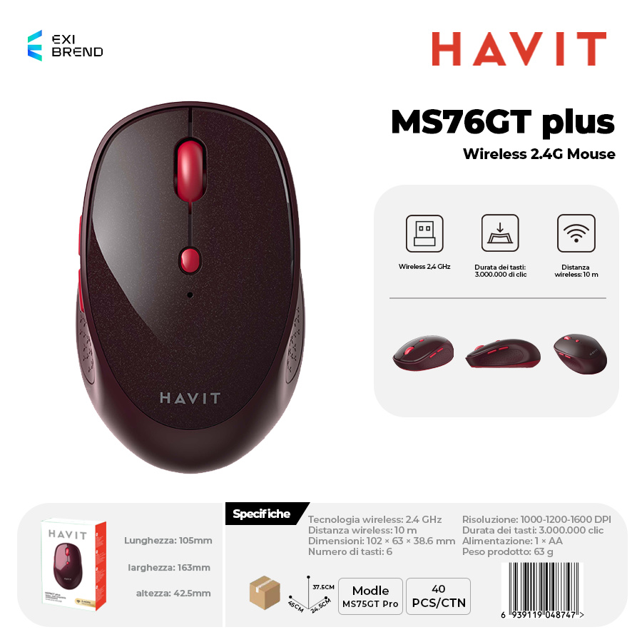 HAVIT MS76GT plus-RD Wireless 2,4 GHz Mouse DPI Regolabili 800-1200-1600-2400