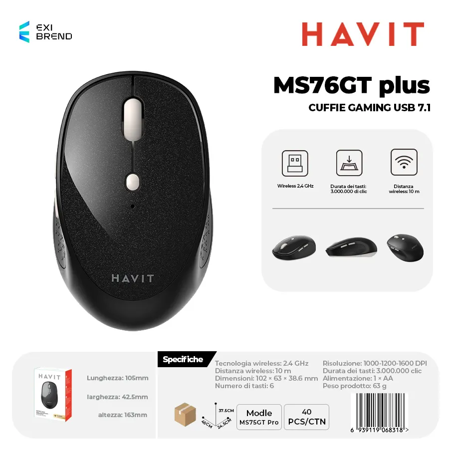 HAVIT MS76GT plus-BK Wireless 2,4 GHz Mouse DPI Regolabili 800-1200-1600-2400