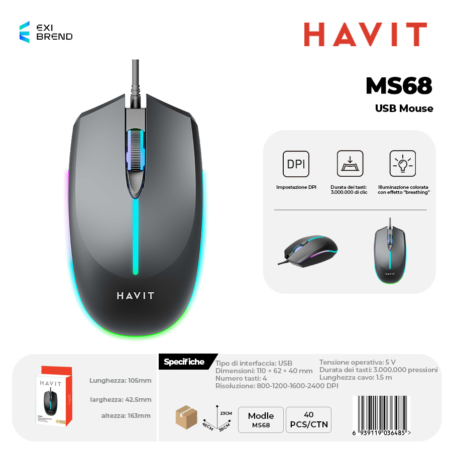 HAVIT MS68 Mouse USB DPI Regolabile 800-1200-2400