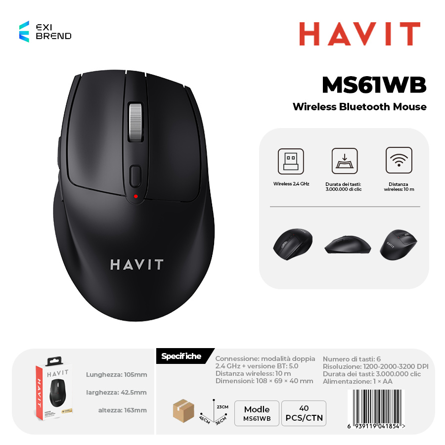 HAVIT MS61WB-BK Wireless Bluetooth 5,0 Mouse DPI Regolabili 1200-2000-3200