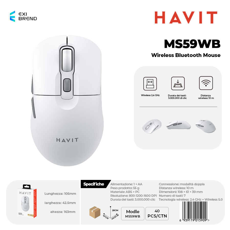 HAVIT MS59WB-WH Wireless Bluetooth 5,0 Mouse DPI Regolabili 800-1200-1600 Peso 55g