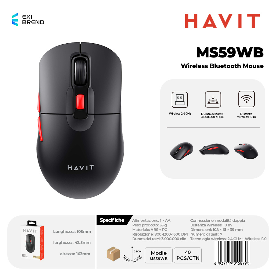 HAVIT MS59WB-BK Wireless Bluetooth 5,0 Mouse DPI Regolabili 800-1200-1600 Peso 55g