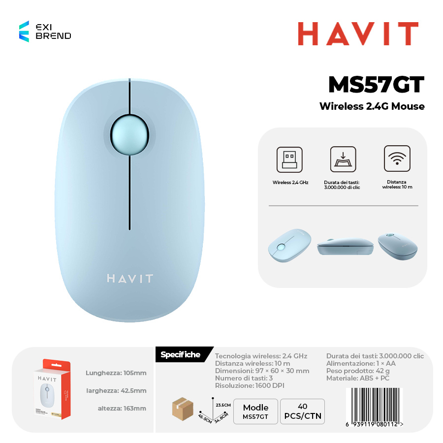 HAVIT MS57GT-BL Wireless 2,4 GHz Mouse DPI 1600 Peso 42g