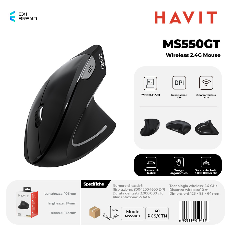 HAVIT MS550GT Wireless 2,4 GHz Mouse DPI Regolabili 800-1200-1600