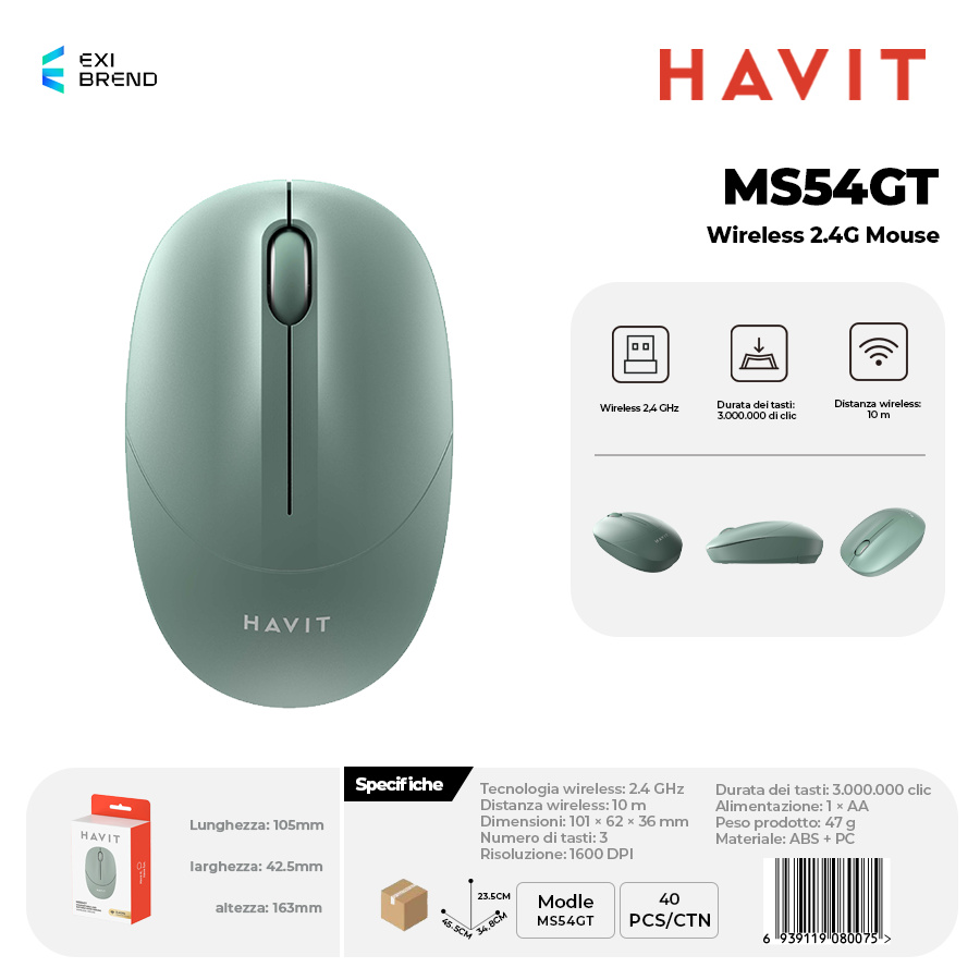 HAVIT MS54GT-GR Wireless 2,4 GHz Mouse DPI 1600 Peso 47g