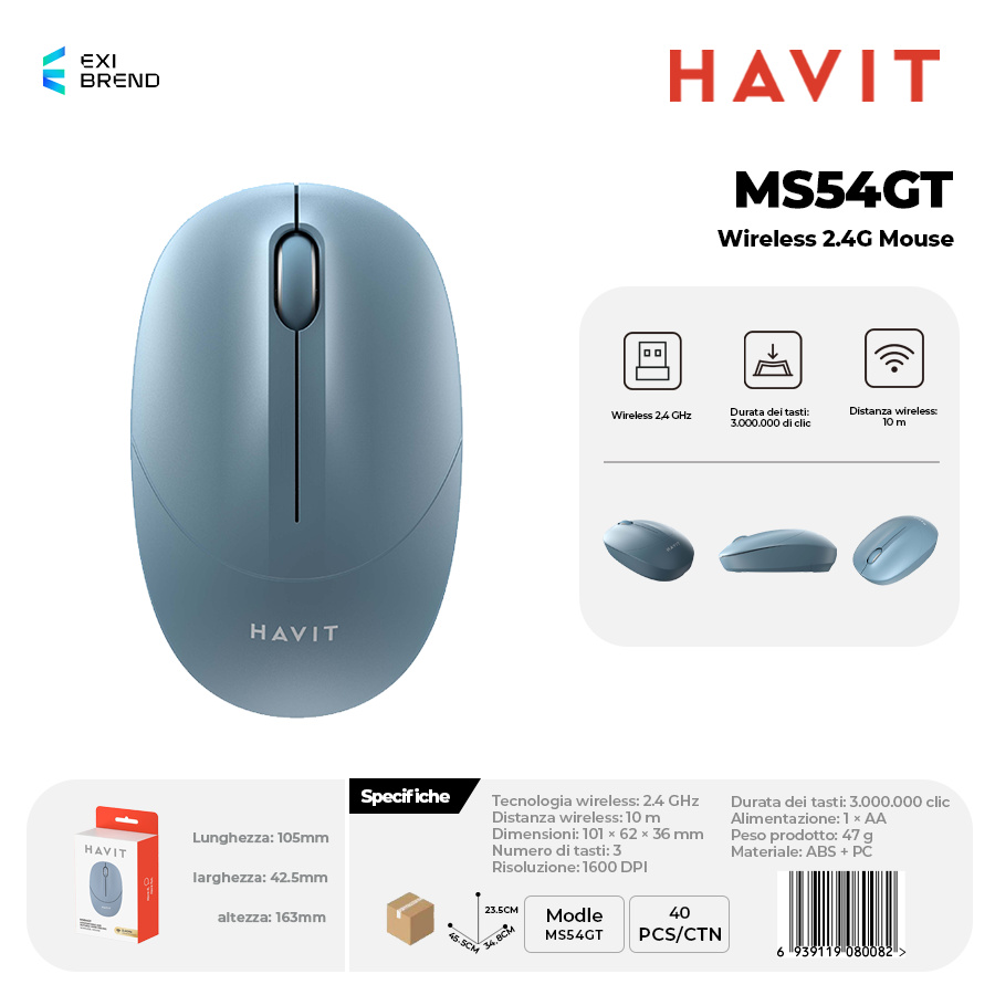 HAVIT MS54GT-BL Wireless 2,4 GHz Mouse DPI 1600 Peso 47g