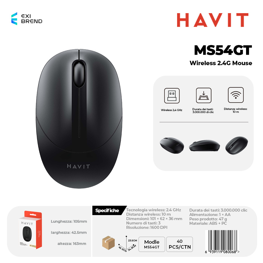 HAVIT MS54GT-BK Wireless 2,4 GHz Mouse DPI 1600 Peso 47g