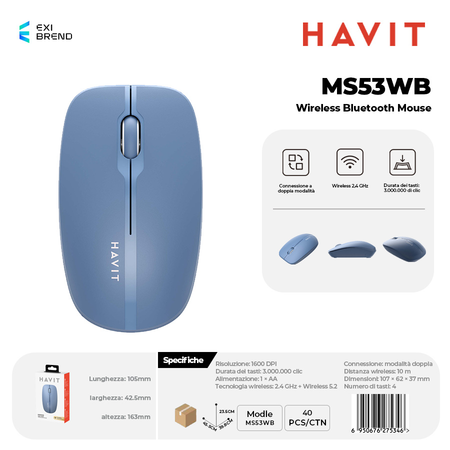 HAVIT MS53WB-BL Wireless Bluetooth 5,2 Mouse DPI 1600 Peso 50g