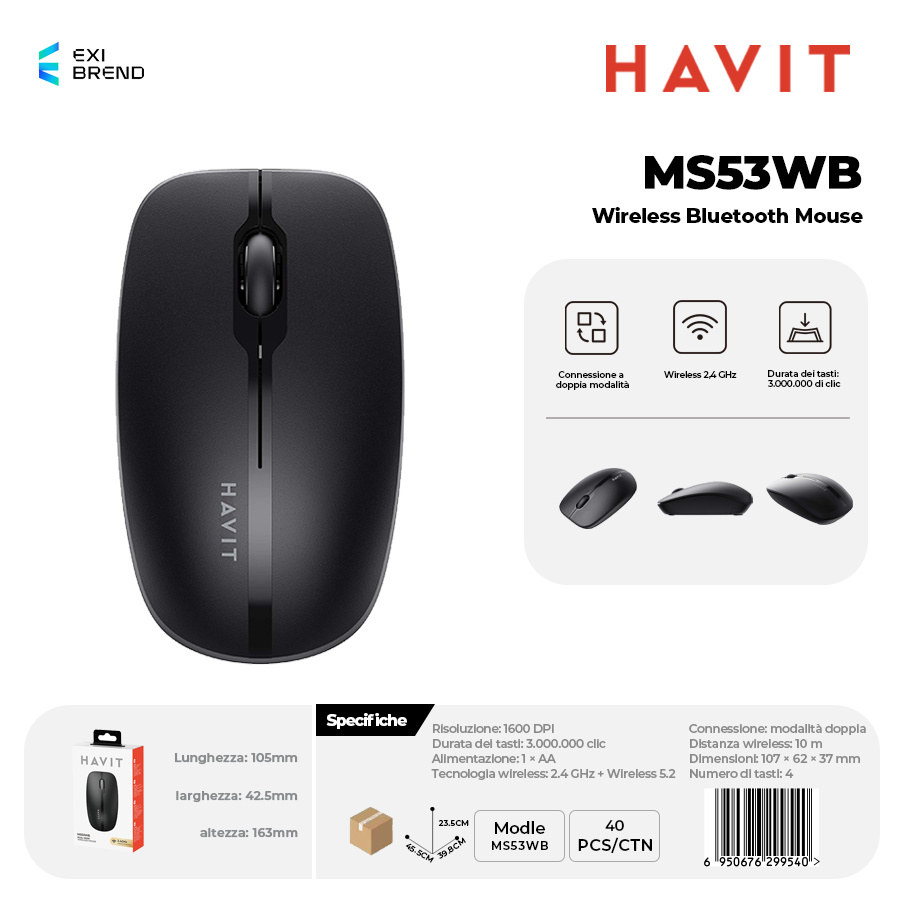 HAVIT MS53WB-BK Wireless Bluetooth 5,2 Mouse DPI 1600 Peso 50g