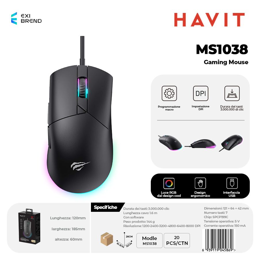 HAVIT MS1038 Mouse Gaming DPI Fino 8000 con RGB Alta Precisione