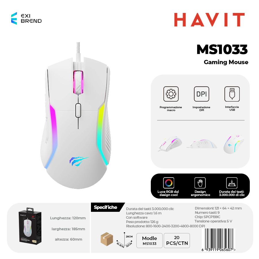 HAVIT MS1033 Mouse Gaming DPI Fino 8000 con RGB e 9 Tasti Macro Programming