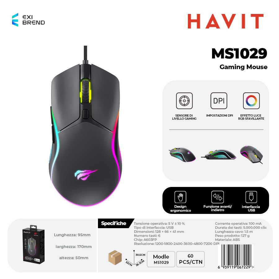 HAVIT MS1029-BK Mouse Gaming con RGB e 7 Tasti Macro Programming Alta Precisione
