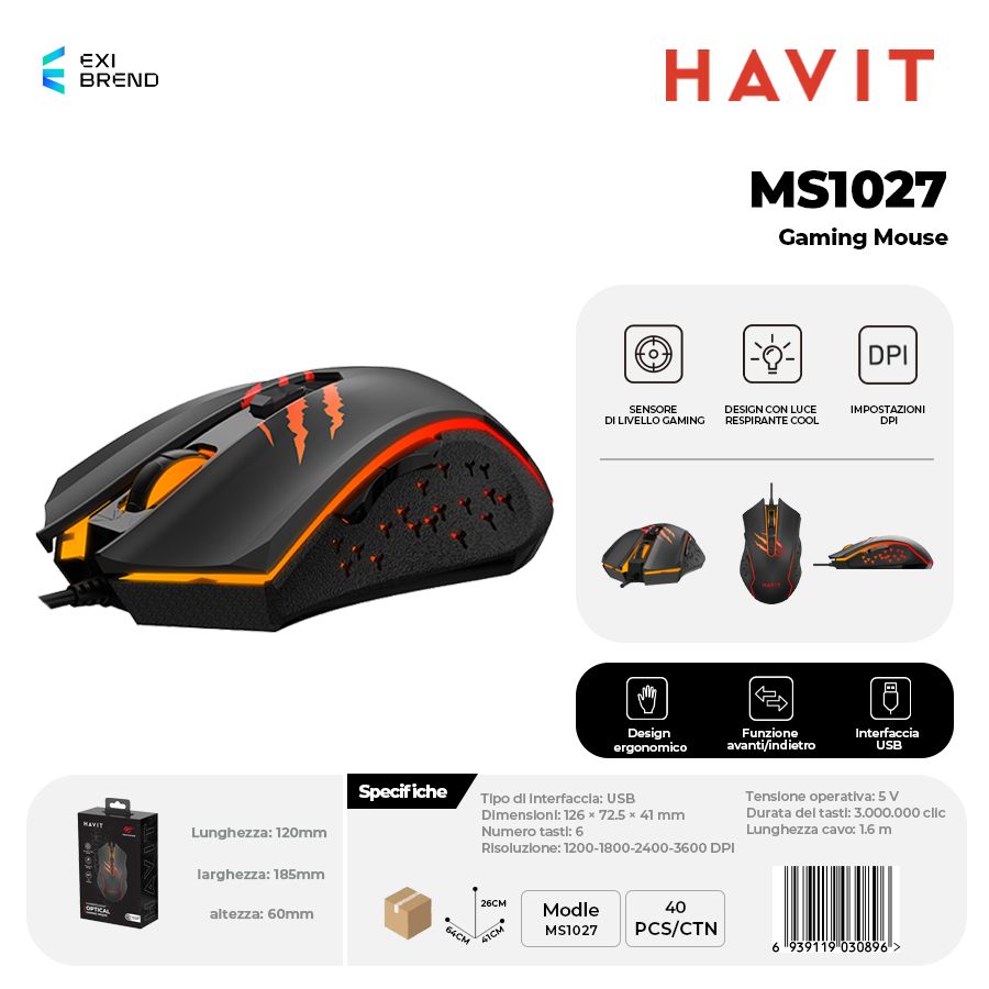 HAVIT MS1027 Mouse Gaming DPI Switch 1200-1800-2400-3600 e Luce Respiro