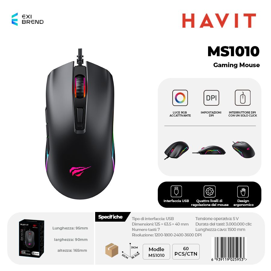 HAVIT MS1010 Mouse Gaming con RGB DPI Switch 1200-1800-2400-3600