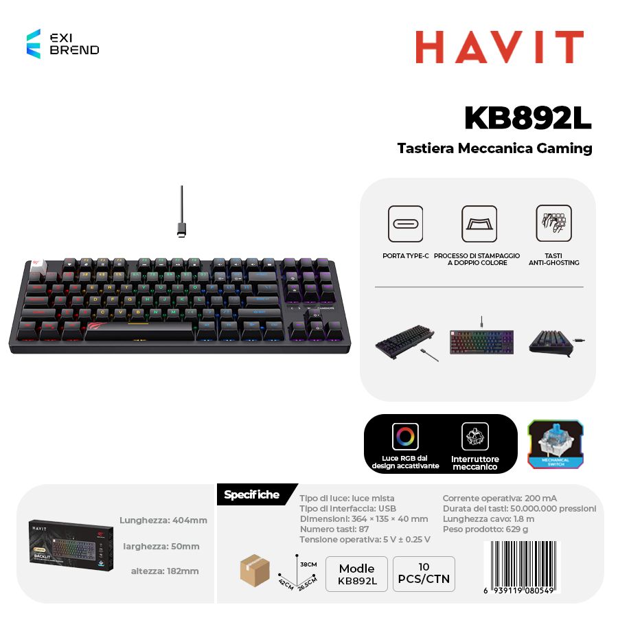 HAVIT KB892L Tastiera Gaming Meccanica Blu Switch RGB Regolabili Type-C