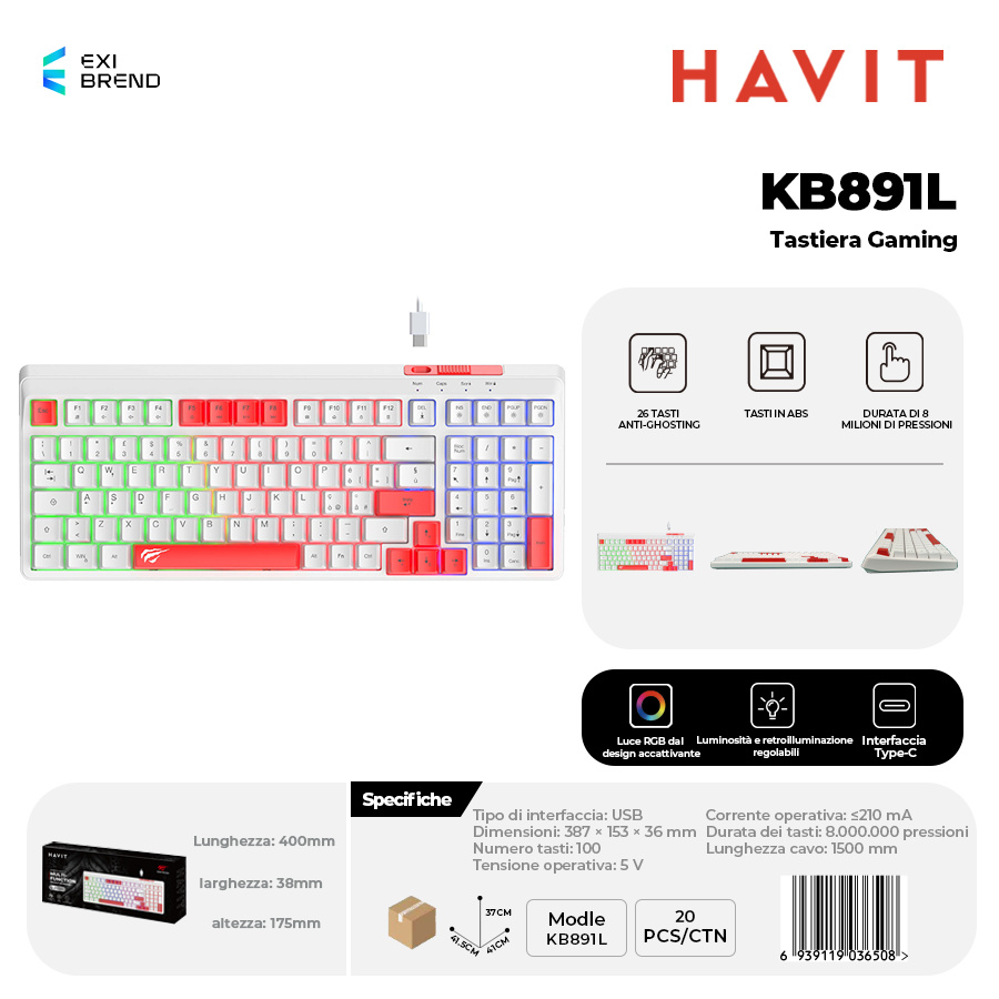 HAVIT KB891L Tastiera Gaming Compatta 100 Tasti Anti Ghosting Type-C RGB Regolabili