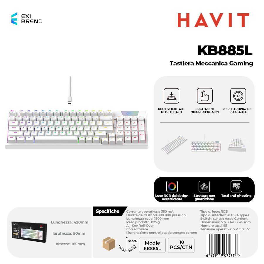 HAVIT KB885L Tastiera Meccanica Gaming RGB Regolabili Rosso Switch