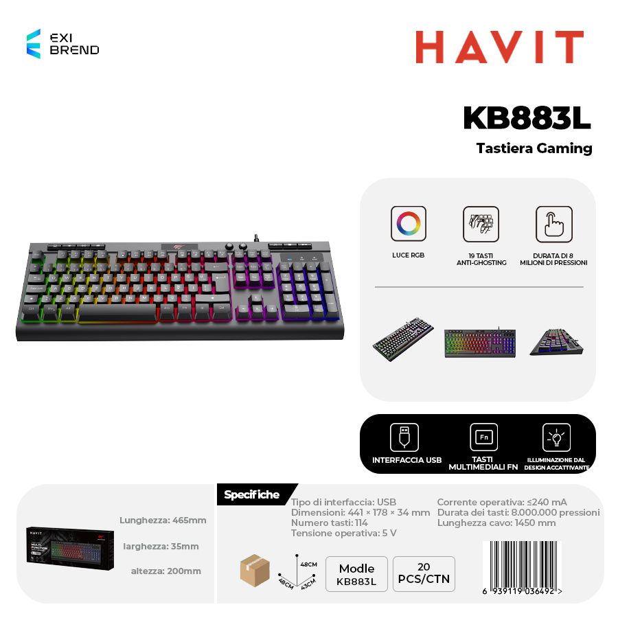 HAVIT KB883L Tastiera Gaming Anti Ghosting RGB Regolabili