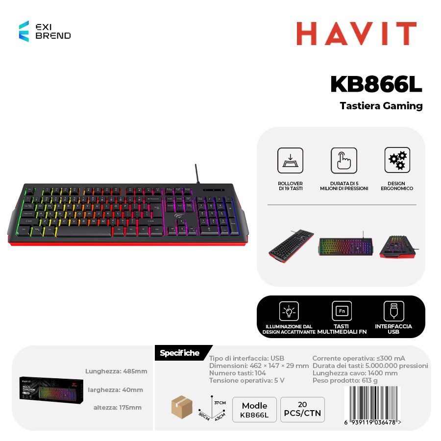 HAVIT KB866L Tastiera Gaming Controllo Multimediali Anti Ghosting