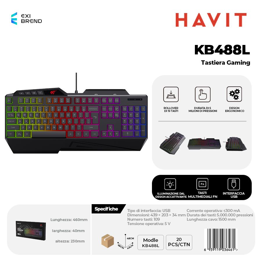 HAVIT KB488L Tastiera Gaming Controllo Multimediali Anti Ghosting
