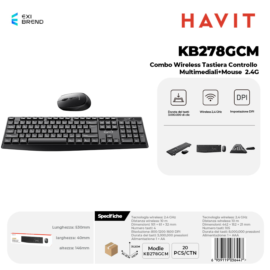 HAVIT KB278GCM Combo Wireless Tastiera Controllo Multimediali + Mouse 2,4 GHz 800-1200-1600
