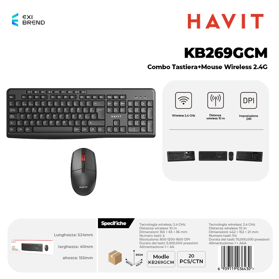 HAVIT KB269GCM Combo Tastiera + Mouse Wireless 2,4 GHz 800-1200-1600dpi Regolabili