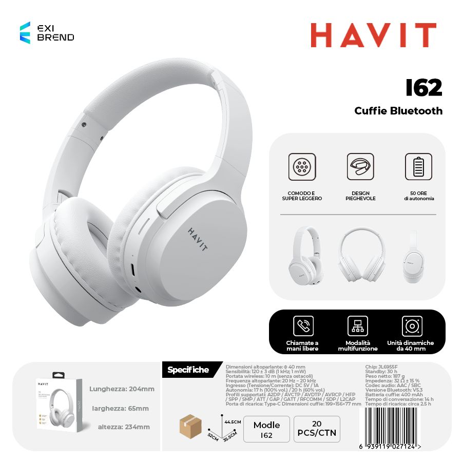 HAVIT I62-wh Cuffie Bluetooth Multimodali Bluetooth / AUX Alt.40 mm 400 mAh