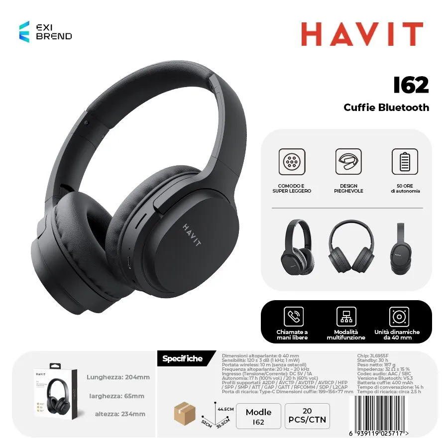 HAVIT I62-BK Cuffie Bluetooth Multimodali Bluetooth / AUX Alt.40 mm 400 mAh