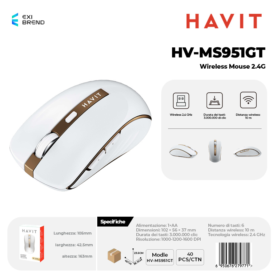 HAVIT HV-MS951GT-WH Mouse Wireless 2,4 GHz 1000-1200-1600dpi Regolabili
