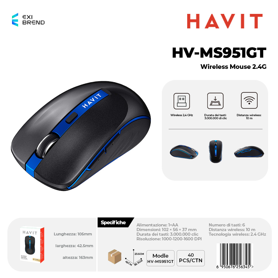 HAVIT HV-MS951GT-BK Mouse Wireless 2,4 GHz 1000-1200-1600dpi Regolabili