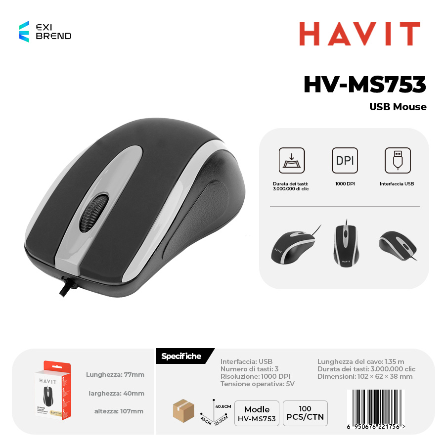 HAVIT HV-MS753-WH Mouse USB Design Ergonomico