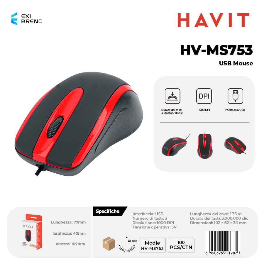HAVIT HV-MS753-RD Mouse USB Design Ergonomico
