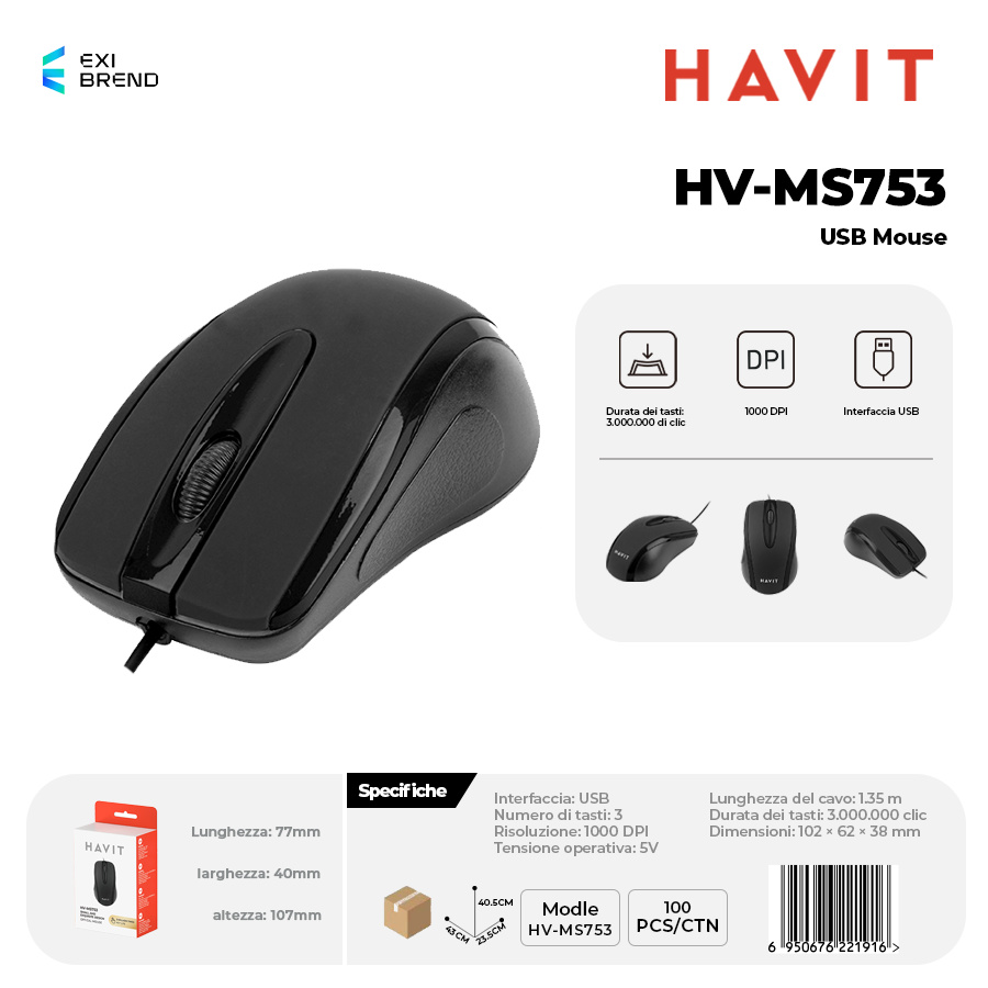 HAVIT HV-MS753-BK Mouse USB Design Ergonomico