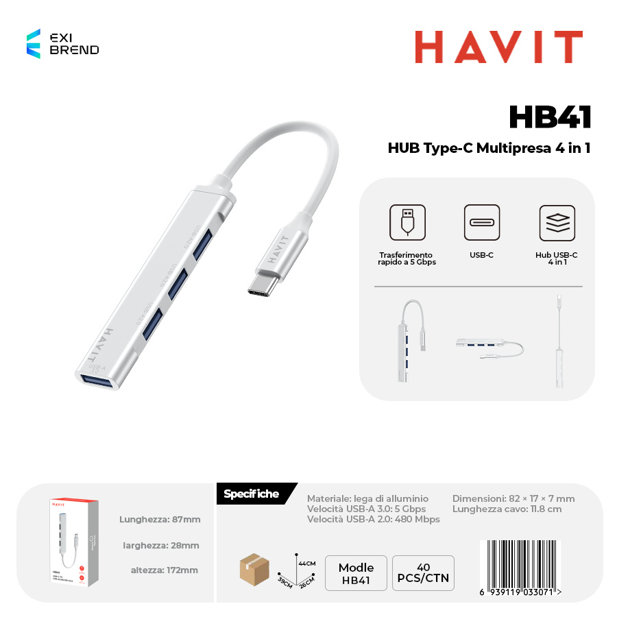 HAVIT HB41 Hub Type-C Multipresa 4 in 1